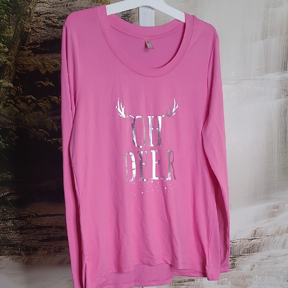 Simple Pleasures Womens Medium Pink Long Sleeve Shirt Metallic Silver OH DEER